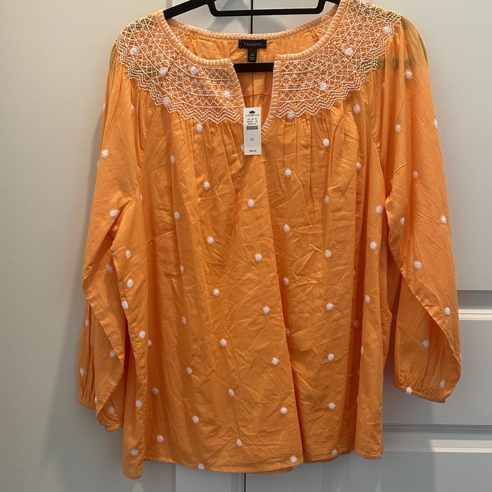 Talbots Orange Blouse with White Embroidery